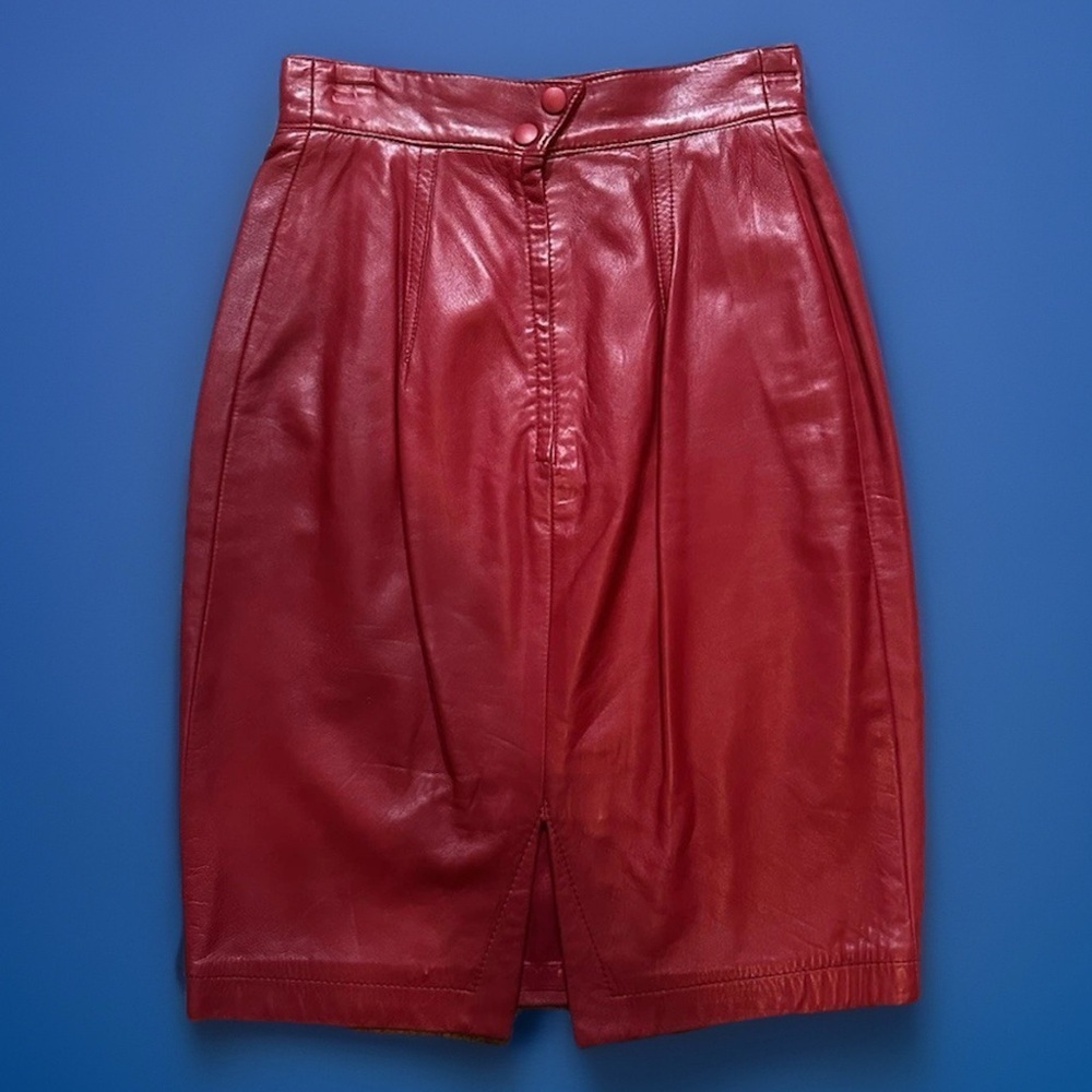 Vintage buttery soft Genuine leather High waist Red Danier Skirt Sz 10 - Picture 2 of 5
